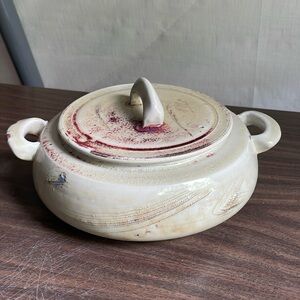 Pottery Covered Bean Pot Casserole Dish with Lid Vintage Serving Bowl Signed